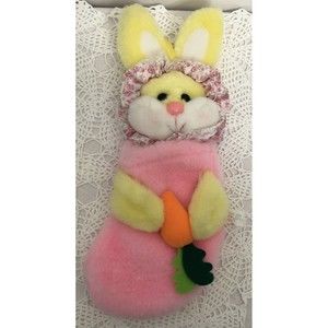 Vintage 1985 Pink Bunny Rabbit Plush Easter Stocking With Bonnet & Carrot 13.5”